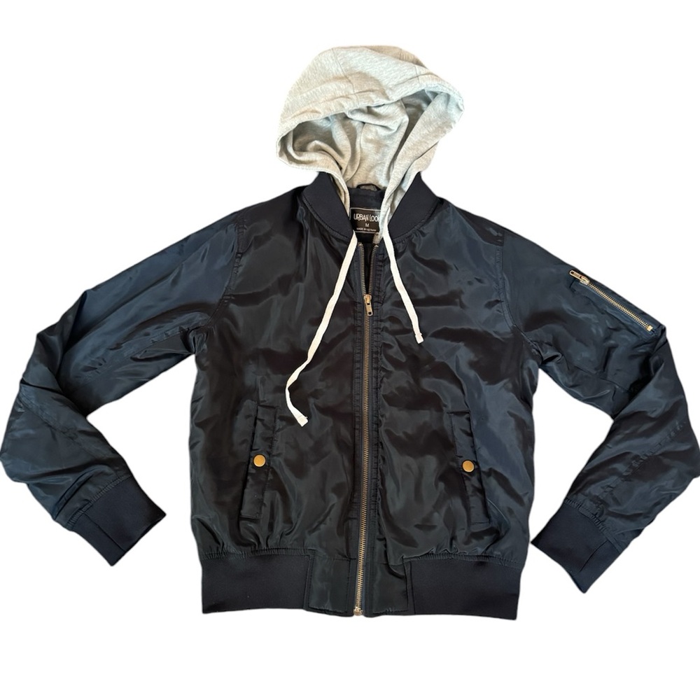 Urban Look Men's Hooded Jacket Double Zipper Black Gray Size Medium Long‎ Sleeve